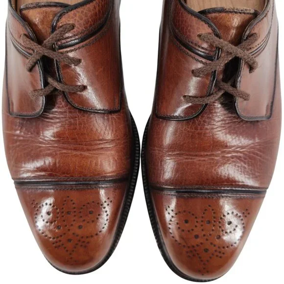A. Testoni Italian Cognac Brown Leather Dress Shoes Cap-toe Derby Oxfords Mens 8 - Picture 11 of 11
